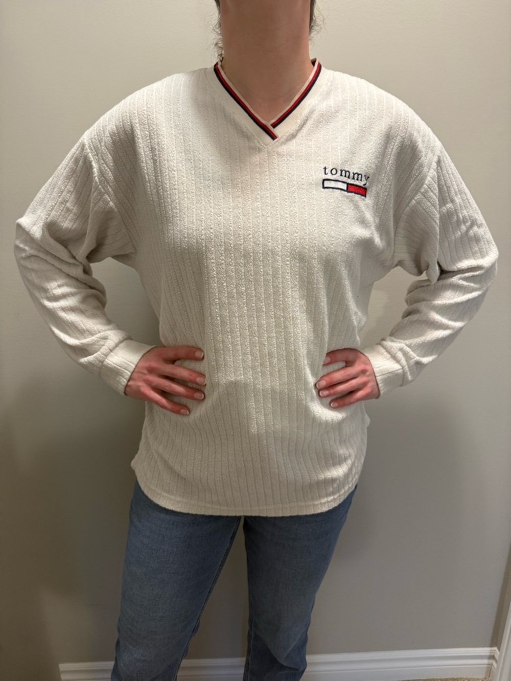 Tommy Hilfiger Cream V-Neck Cable Vintage Knit Sweater